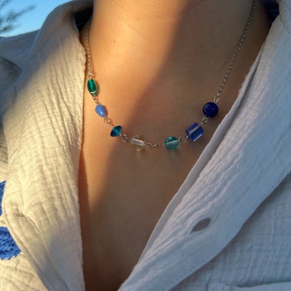 Handmade Jewelry - Blue and Silver Beaded Necklace